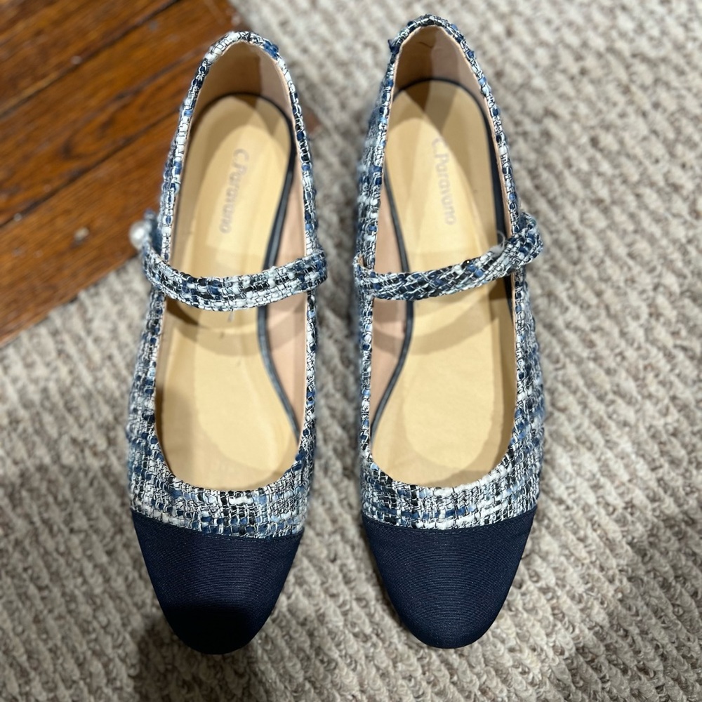 C. Paravano blue and white tweed Mary Jane flats